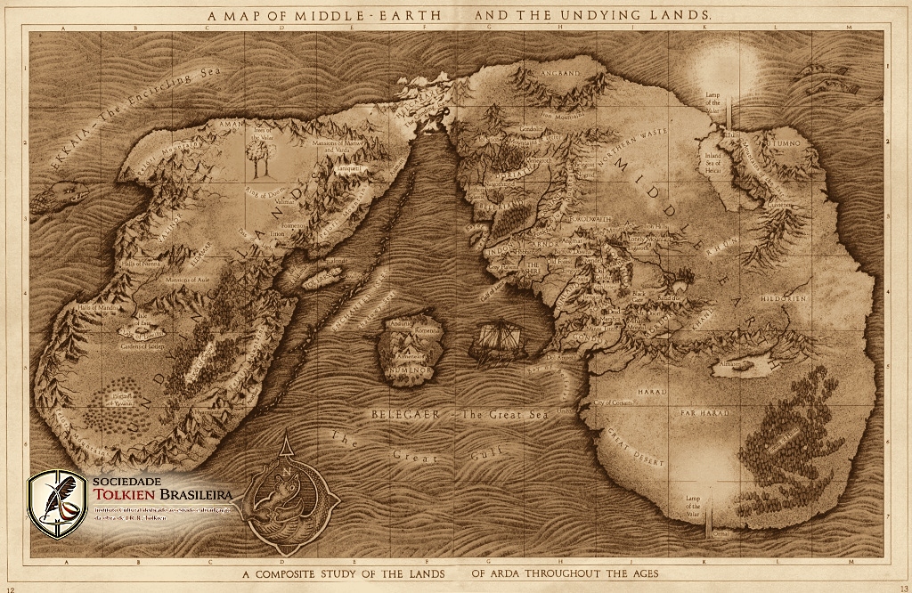 Mapa de Arda e das Terras Imortais, estudo composto das terras de Arda ao longo das Eras